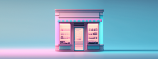 A stylized storefront with illuminated display windows showing product shelves against a pastel gradient background